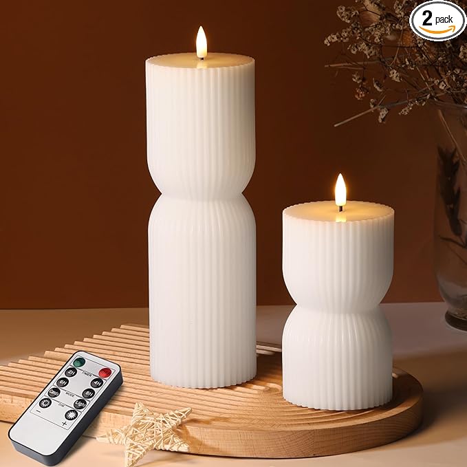 White Ribbed Flameless Pillar Candles with Remote, Real Wax Flickering Battery LED Candles Set of 2