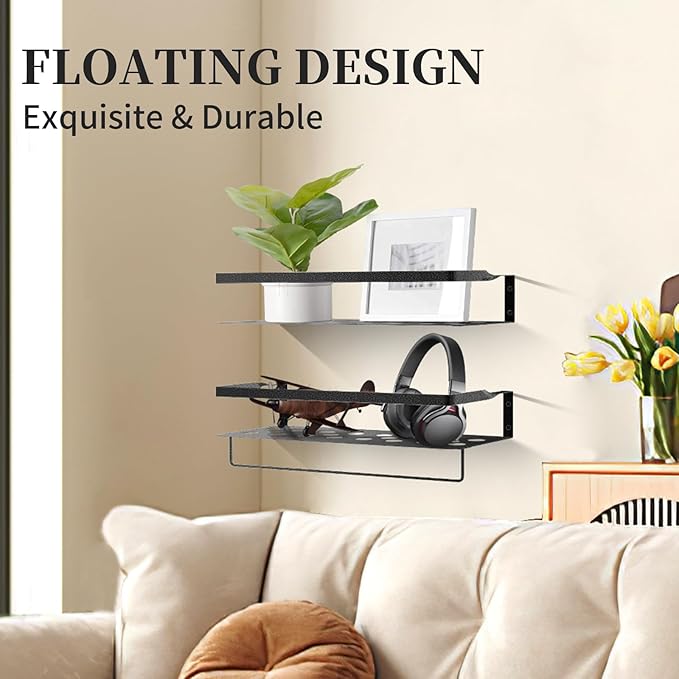 Uten Floating Shelves, Wall Mounted Iron Shelves Set of 2, Bathroom Storage Iron Shelves with Towel Rack, Wall Hanging Organizer Decor Shelf for Bathroom, Kitchen, Bedroom, Living Room