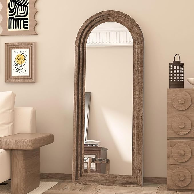 CASSILANDO Arched Full Length Mirror with Solid Wood Frame 65x24 Inch Wall Mounted Floor Mirror, Vertical Hanging Leaning Standing Mirror for Living Room, Bedroom, Entryway, Brown