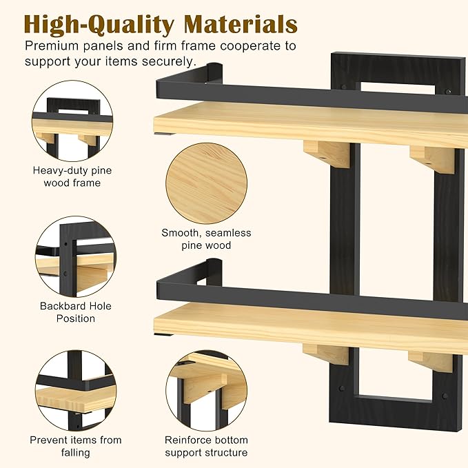 Floating Shelves for Wall, 2-Tier Wood Hanging Decor Storage Shelves, Wall Mounted Floating Shelf for Living Room, Bedroom, Bathroom, Kitchen, Office, Study (2-Pack Wood)