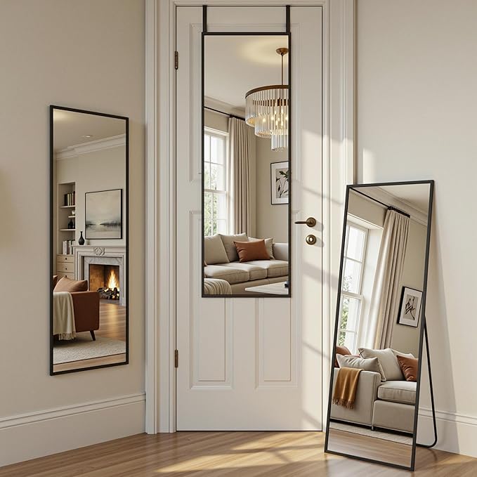 Antok 48''x 14'' Full Length Mirror Over Door, 4-in-1 Standing Leaning Wall Mounted, Adjustable Hanging Mirror for Bedroom Living Room, Black, Rect Corner