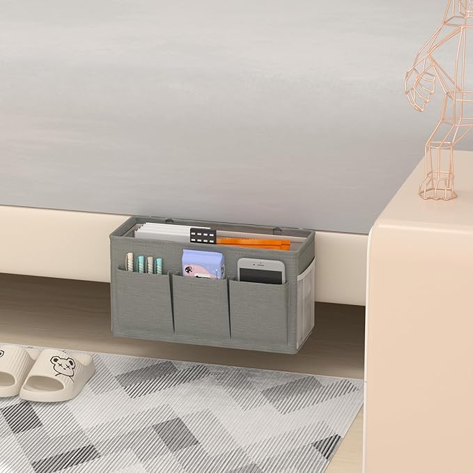 Edudif Dual-purpose Bedside Caddy Bedside Organizer, Bed Caddy with 6 Pockets, Versatile Bedside Storage Solution Magazine Remotes holder, ideal for Home, Dorm, Hospital, Crib Bed (Grey 2pcs)