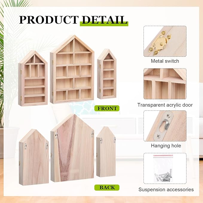 DoubleFill Set of 3 Wooden Trinket Display Shelf Shadow Box with Shelves 10 x 15 Inch Large Wall Mounted Display Storage Mini Figures Curio Trinket Medals Crafts Collections(Wood Color,House Shape)