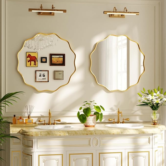 20 Inch Scalloped Round Wall Mirror, Gold Wavy Edge Frame Circle Mirror for Bathroom, Bedroom, Entryway, Living Room for Wall Decor