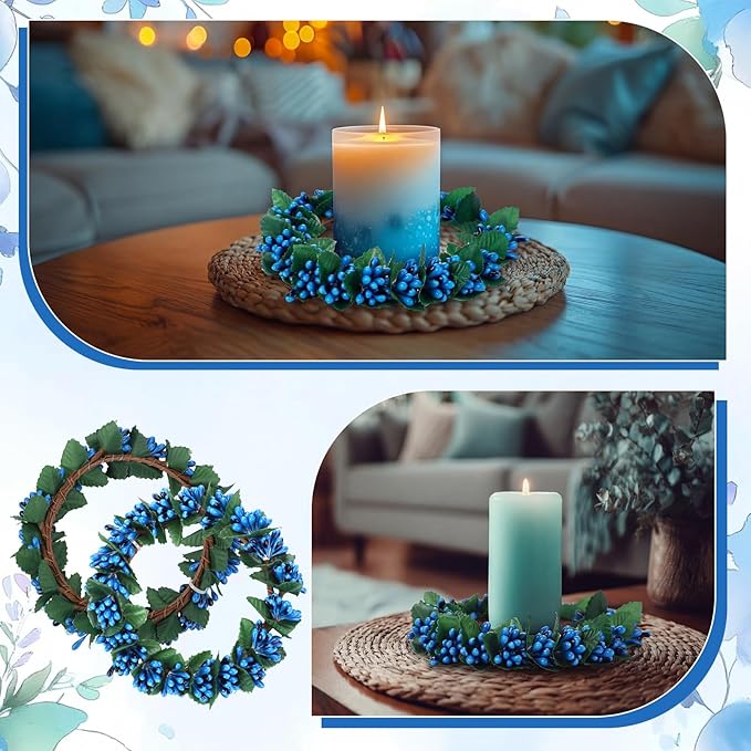Daifunli 2 Pcs Williamsburg Blue Candle Rings Wreath Blue Pip Berry Ring Wreath for Pillar 3.9 Inch Candles Holder for Holiday Table Centerpiece Wedding Kitchen Cabinets Rustic Table Decor