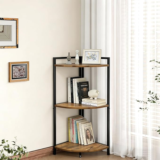 Corner Shelf Stand 3 Tier Small Bookshelf Display Storage Unit with Metal Frame for Bathroom Bedroom Kitchen Living Room Home Office, Rustic Brown and Black