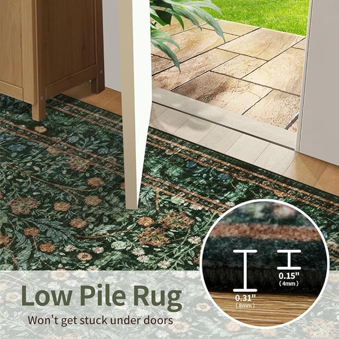 Rugxara 8x10 Area Rugs for Living Room Bedroom, Large Washable Rug, Green Vintage Floral Boho Rug, Non Slip & Low Pile Faux Wool Thin Carpet for Indoor Dining Room and Kids Room(Green 8x10ft)