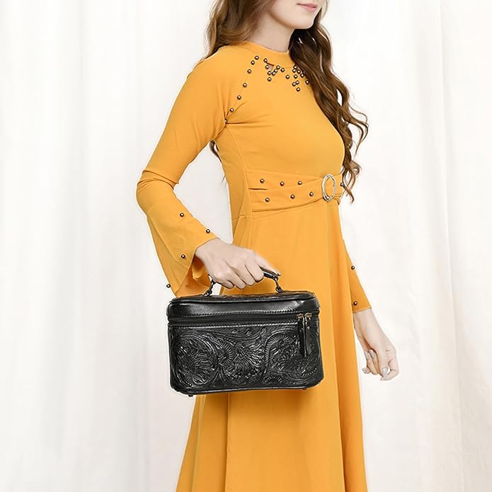 American Darling Western Hand Tooled Leather Jewelry Case | Handcrafted Travel Makeup Bag with Handle and Divided Interior