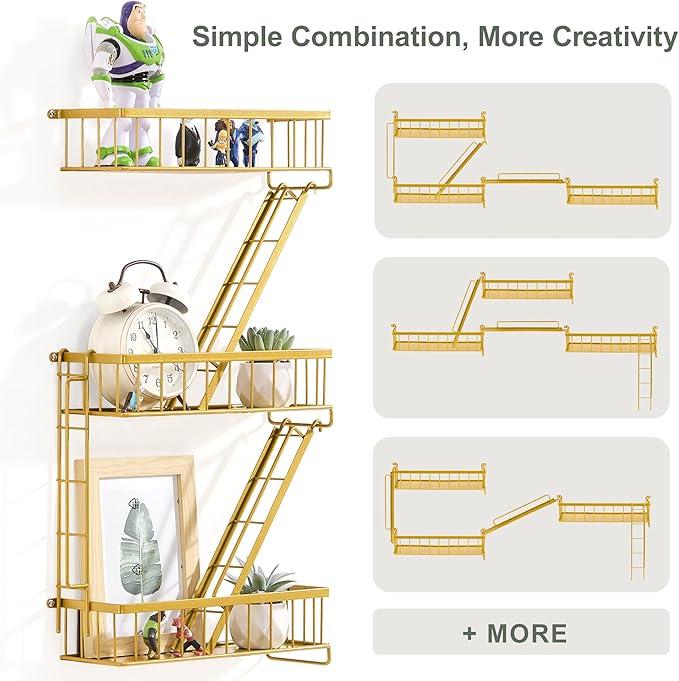 SweetSage Fire Escape Wall Shelf Gold - New York Decorative Ladder Shelf, Metal Decorative Shelving for Living Room, Home Décor, Action Figure Display (3-Tier)