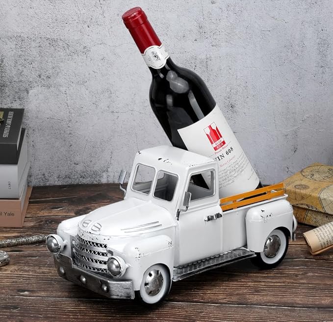 Farmhouse White Truck Decor, Vintage Metal Rustic Outdoor/Indoor Pickup Planter, Decorative Tabletop Storage, Farm Table Car Model Gift
