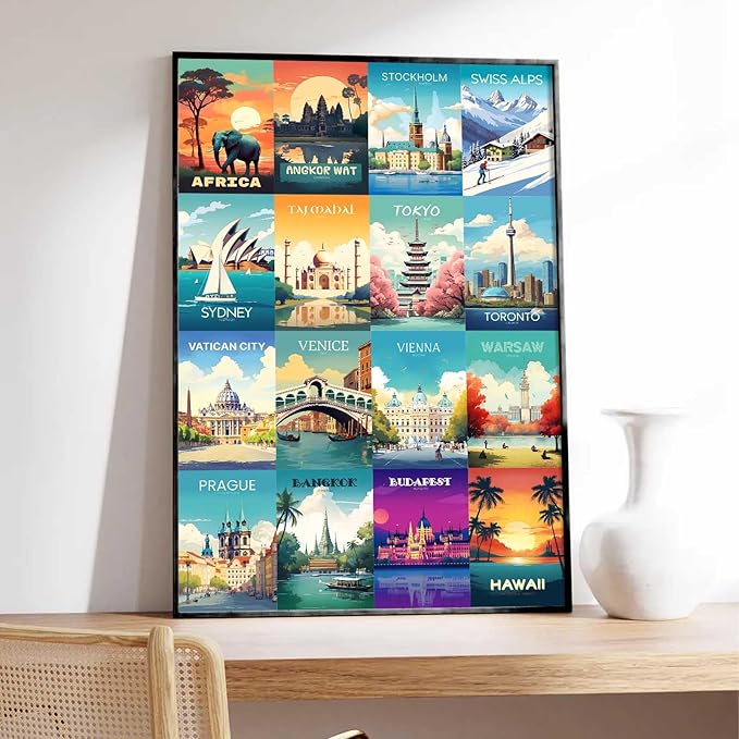 KBKBART Vintage Travel Decor Posters, 50 Pcs Retro Wall Art Prints, Trendy Travel Poster Aesthetic Pictures, Around The World Mini City Landscape Photo Wall Collage Kit 4"x6" for Teen Dorm Bedroom Decor