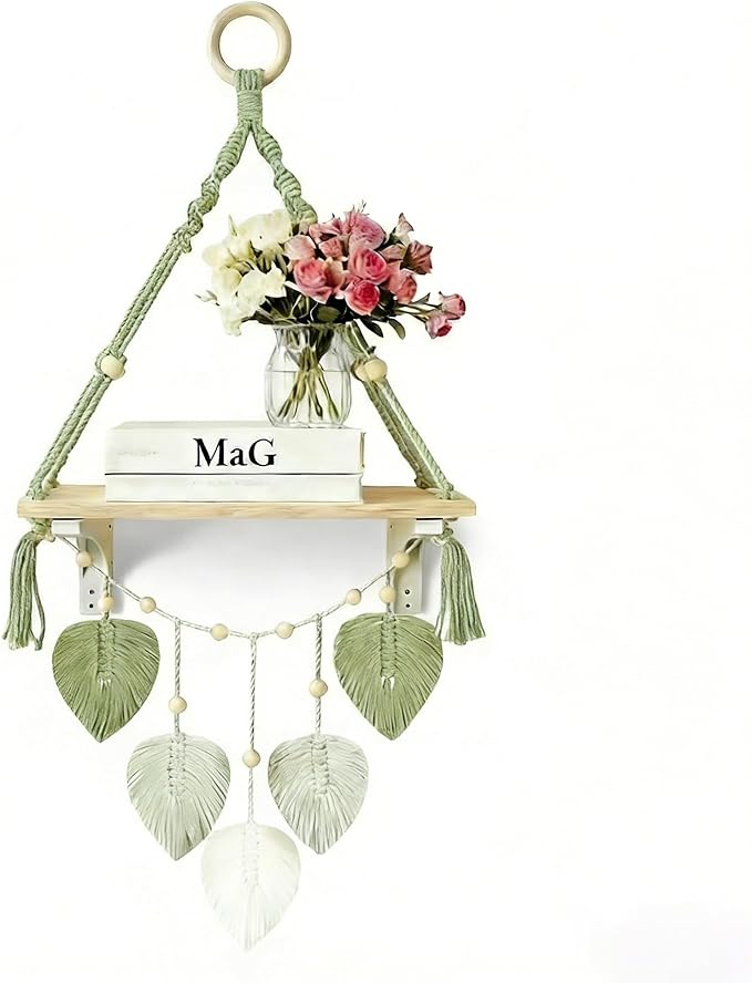 Wooden Floating Shelves for Room Wall, Hanging Storage Organizer, Boho Wall Decor, Plant Shelf for Bathroom, Bedroom, Office, Kitchen, Living Room, Dorm (Green, 1 PCS)