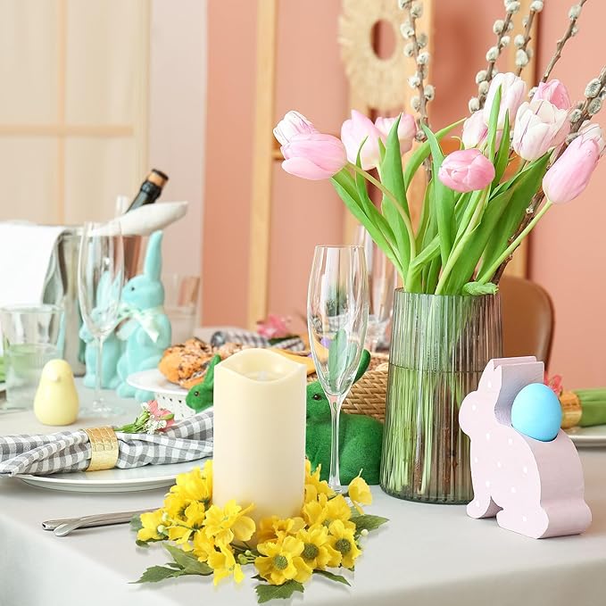 Daifunli 2 Pcs Spring Yellow Daisy Candle Ring Vibrant Floral Candle Wreath Ring for Pillar 3.9 Inch Candles Holder for Wedding Season Dining Table Centerpiece Decor