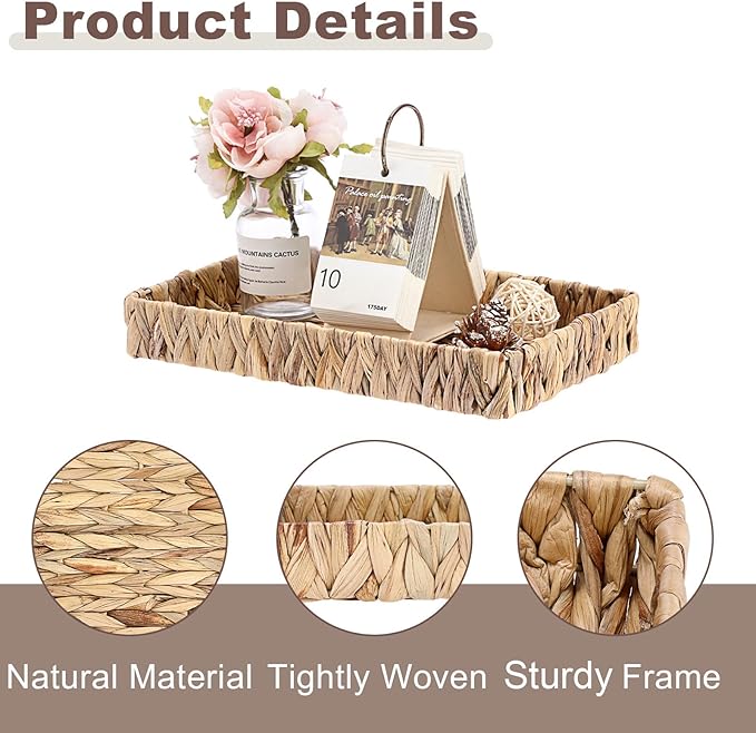 Decorative Key Holder for Entryway Table Handwoven Natural Water Hyacinth Basket Tray Rectangular Serving Tray, 11.9" x 7.9" x 1.6"