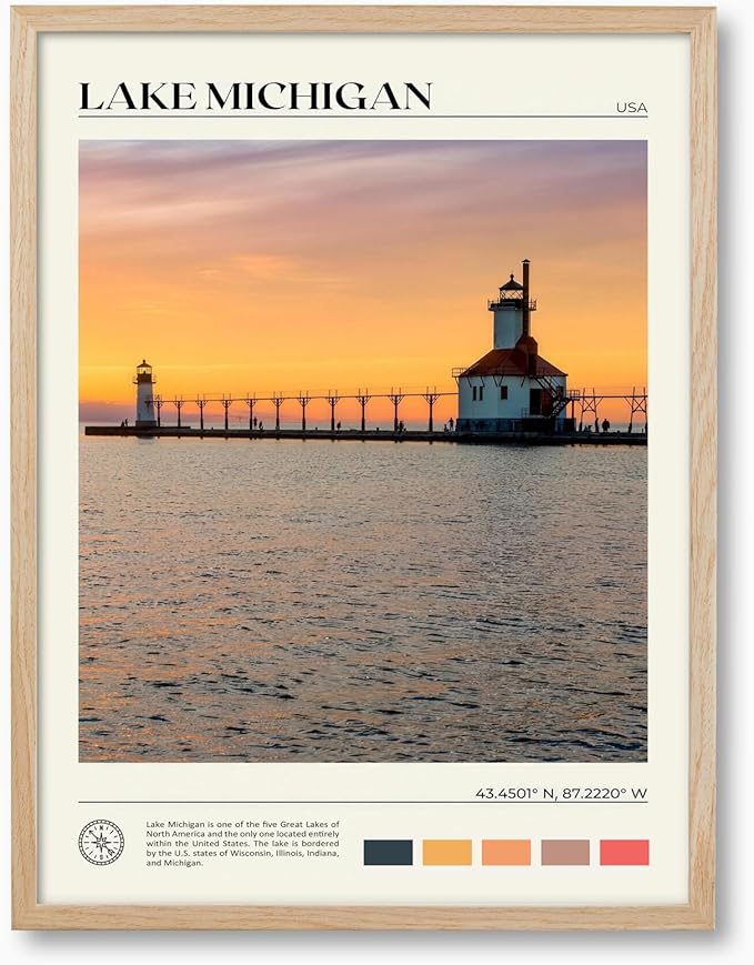 HesenDot Natural OAK Wood Lake Michigan Framed Wall Art,12x16in Lighthouse Sunset Canvas Wall Print,Classic Urban Coastal Lake Wall Decor for Living Room Bedroom Office Gallery, Set of 1