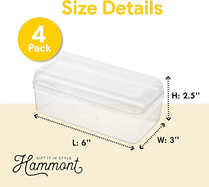 Hammont Rectangle Acrylic Box - Shelf Organizer Bins - Clear Storage Containers - Bathroom Storage | Acrylic Makeup & Jewelry Box with Lid | 6”x3”x2.5” (4 Pack)