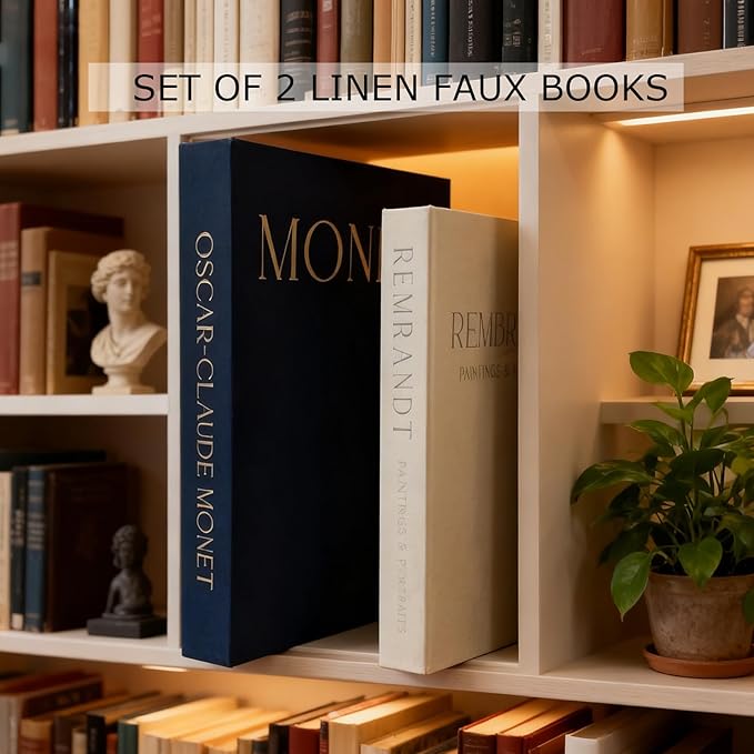Decorative Books -Set of 2 Linen Covered Boxes Enhance Your Coffee Table,Bookshelf Decors,Aesthetic Fake/Faux Book for Modern Home Decoration, Jewelry Box and Photo Storage Box（Dark Blue and Beige）