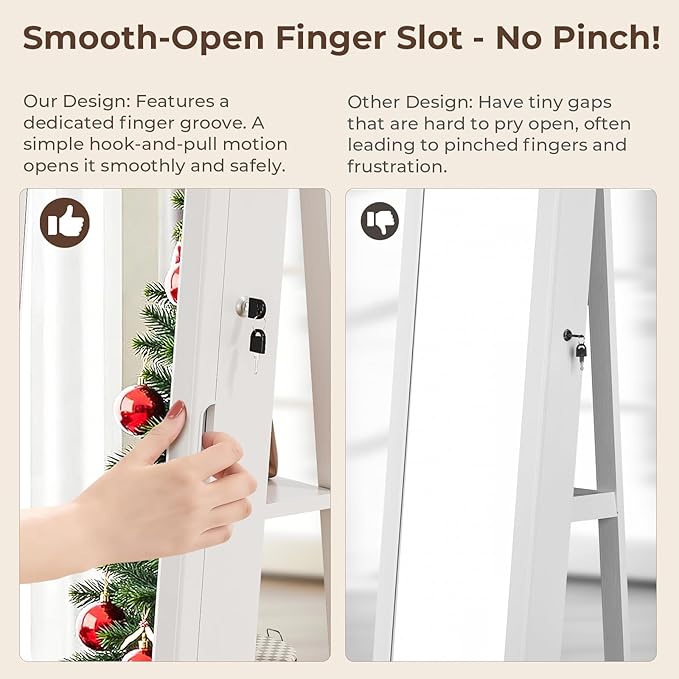 4-In-1 Jewelry Armoire with Full-Length Mirror, 360° Swivel Lockable Jewelry Cabinet Standing with 3 Storage Shelves & Vanity Mirror, Jewelry Organizer with Storage for Gift Idea, White
