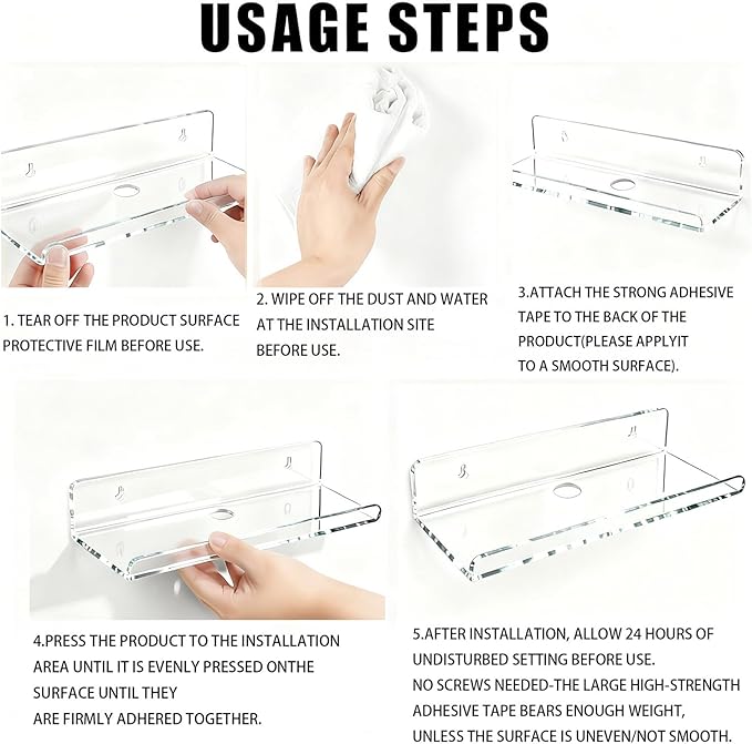 4-Pack Clear Acrylic Floating Shelves, Space-Saving Invisible Wall Shelves for Bathroom Kitchen Office Living Room, Modern Decor Set
