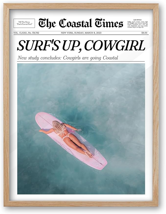 iHery Framed Coastal Trendy Cowgirl Wall Art Decor, Natural OAK Wood Large 16x20in Canvas Newspaper Retro Bedroom Wall Art,Surfer Up Vintage Bar Cart Home Decor For Dorm Living Room 1Pack
