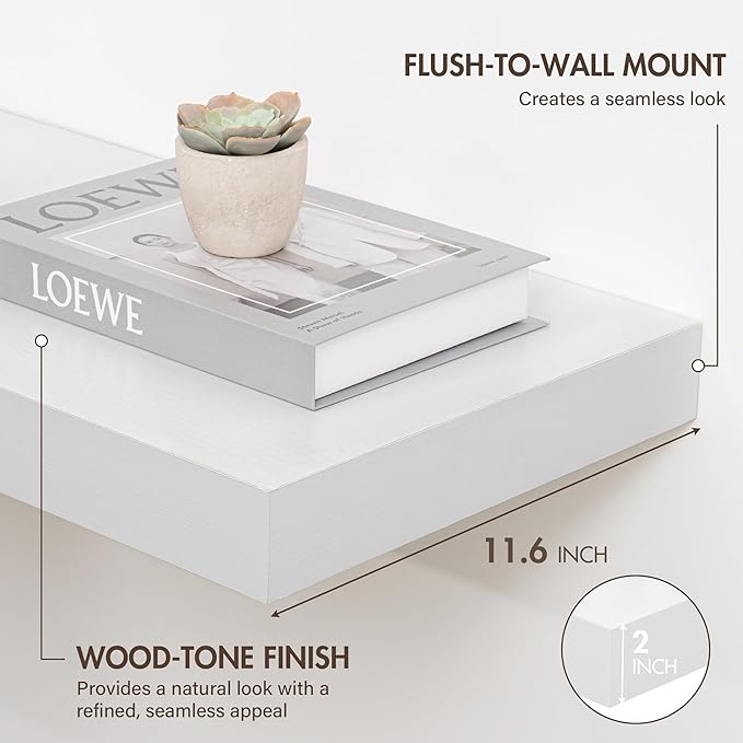 Acovy 48 Inch Floating Shelves, 12" Deep Floating Shelf Wall Mounted, 48" Wall Shelves, Rustic Deep Bookshelf, Extra Deeper & Thicker Display Shelves for Bedroom, Living Room, White, Set of 2
