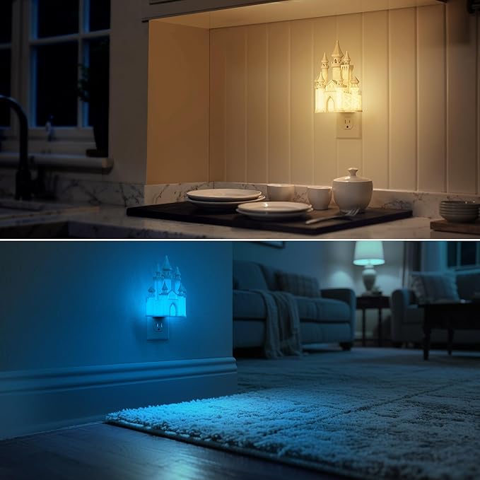 DORESshop Night Lights Plug into Wall,3D Printed Castle RGB Night Light,10-Color Change NightLight, 3 Level Brightness Adjustable Dimmable Nightlights with Dusk to Dawn Sensor for Bathroom Hallway