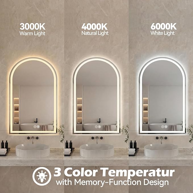 Sweetcrispy 20“×28” LED Bathroom Backlit Mirror with Lights, Arched Vanity Mirror with Anti-Fog, Dimmable, 3-Color Light, Memory Function, Tempered Glass