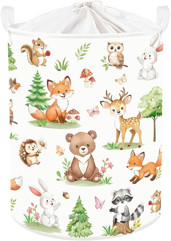Clastyle Adorable Forest Animal Kids Book Storage Basket Fox Giraffe Clothes Laundry Basket Parents Gift Toy Box for Bedroom Shower, Pine Tree, 36x45 cm