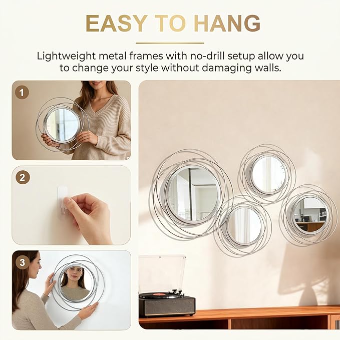 4 Piece Gold Round Wall Mirror Set Modern Metal Circle Home Decor for Living Room Bedroom Entryway 11/9 Inch Decorative Mirrors Minimalist Wall Art for Home