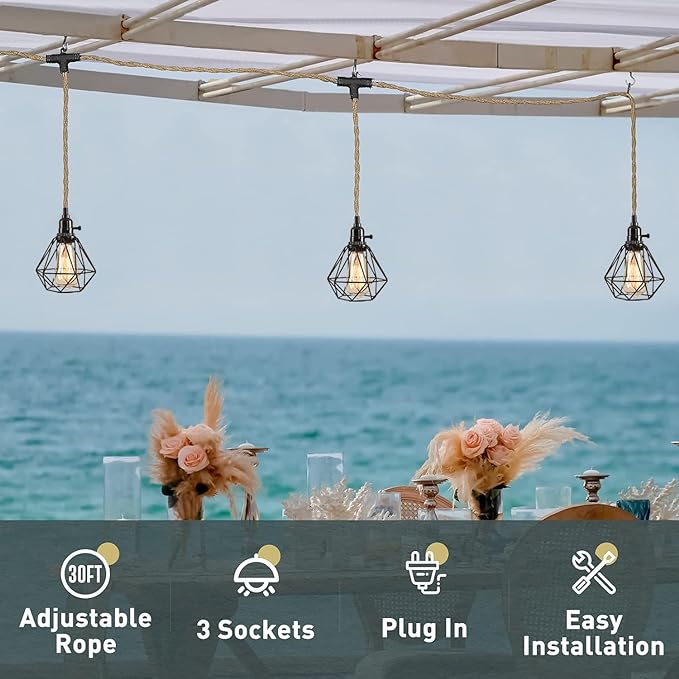 3-Light Hanging Light with Plug in Cord,Plug in Pendant Light 22ft Hemp Rope Pendant Lighting Vintage 3-Light Hanging Lamp Fixtures for Kitchen Island Living Room Bedroom