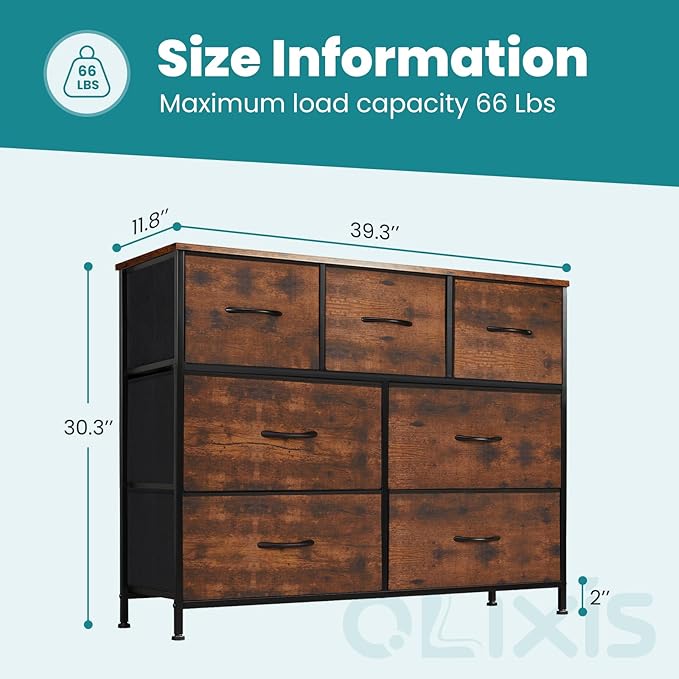 OLIXIS 7 Drawers Dresser for Bedroom, Fabric Storage Tower for Living Room, Entryway - Sturdy Steel Frame, Wooden Top & Easy Pull Fabric Bins, Closet Chests Organizer for Clothes, Brown