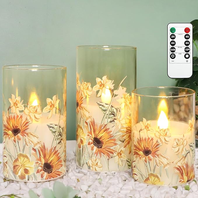 MELTONE Sunflower Flameless Candles Remote Real Wax Flickering Battery Operated Glass Candles - Home Party Bedroom Birthday Christmas Summer Spring Decorations