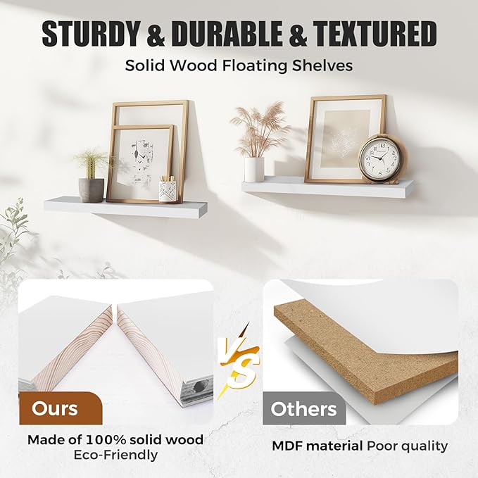 Floating Wall Shelves 2-Pack - Rustic White 16-inch Wooden Wall Shelves for Storage and Décor, Multi-Functional and Easy to Install for Living Room, Bedroom, and Kitchen