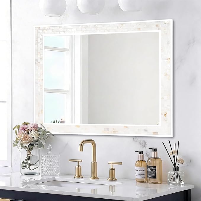 Tanmicoshomy 26 x 40 Inch Rectangle Bathroom Mirror, Natural Shell Framed Rectangular Mirror for Bathroom, Bedroom, Living Room or Entryway, Wall Mounted Horizontal or Vertical