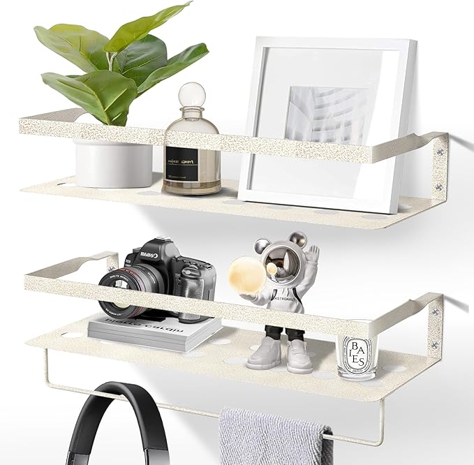 Uten Floating Shelves, Wall Mounted Iron Shelves Set of 2, Bathroom Storage Iron Shelves with Towel Rack, Wall Hanging Organizer Decor Shelf for Bathroom, Kitchen, Bedroom, Living Room