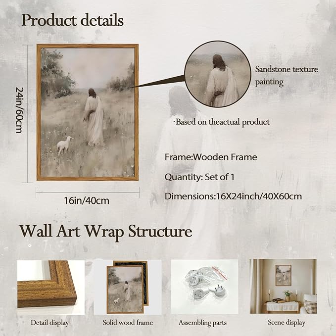 Jesus Leaves The 99 Sheep Wall Art Painting, Vintage Shepherd Christian Wall Decor Lost Lamb Religion Artwork 3D Textured Hand Drawn Sandstone for Living Prayer Room Bedroom 16x24 inch Wood Framed