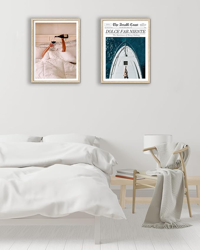 EcoHest Woman Drinking Wine in Bed Framed Wall Art, 12x16 in OAK Wood Feminist Alcohol Canvas Art, Trendy Teen Girl Bar Cart Print College Room Decor, Beige Logs Set of 1 For Bedroom Living Room