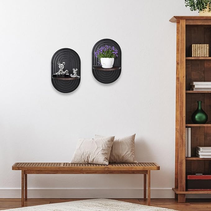 2 Pieces Boho Wall Shelf, Mid Century Shelves, Decorative Storage Unit, Black Plant Shelves, Wall Plant Holder,Floating Shelves