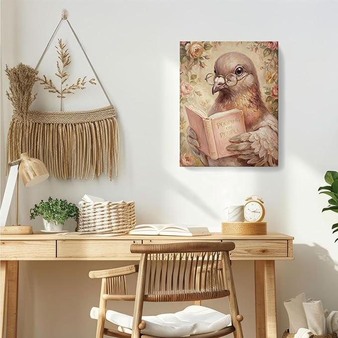 TAZSWDMM Pigeon Reading Book Framed Canvas Wall Art Posters, Book Lover Reader Gifts, Pooping on People Quirky Bird Wall Art Prints for Home Bathroom Reading Room Decor, 11x14 Inch