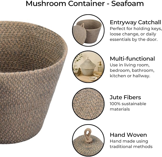 Olea Mushroom Container – Handmade 12" Woven Jute Decorative Storage Basket – Rustic Storage for Entryway, Bathroom, Kitchen, or Boho Cottagecore Decor - Seafoam