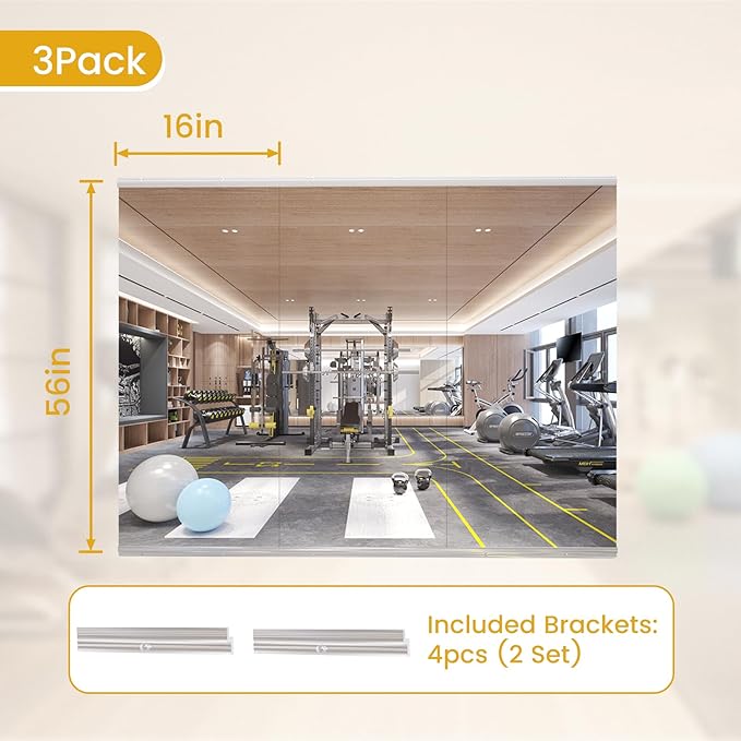 56X16 3Pack Large Home Gym Mirror, Frameless Tempered Glass Dance Wall Mounted Mirror for Home, Yoga, Dancing, Studio, Living Room