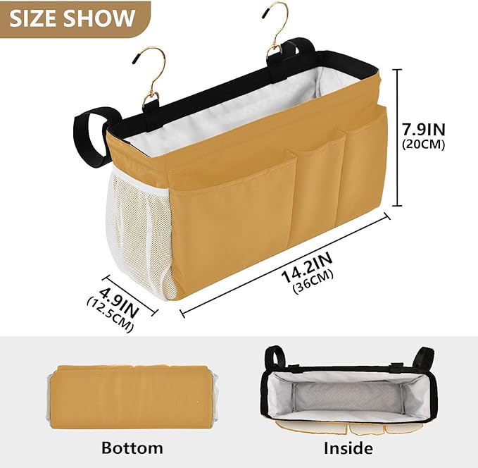 Mustard Yellow Bedside Caddy Storage Bag Bedside Organizer for Bunk Bed Headboards College Hanging Bag Bedside Shelf 6 Pockets with Hooks for Magazine Water Bottle Holder