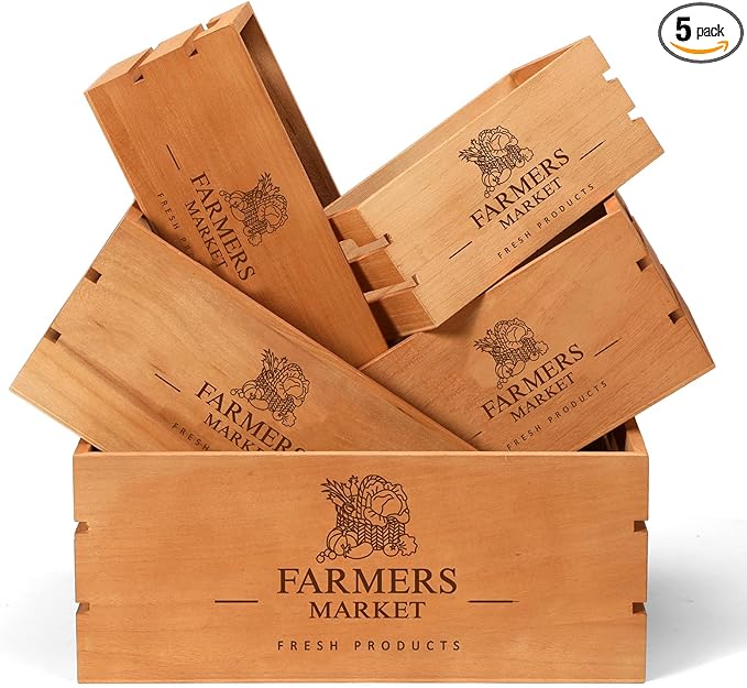 Barydat Set of 5 Wood Crates for Display Decorative Nesting Wooden Crate Storage with Handles Vintage Farmhouse Style Decorative Boxes Multipurpose Fruits Vegetables Boxes(Brown,Classic)