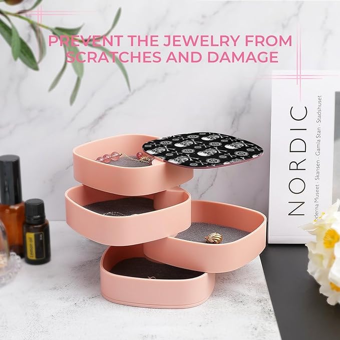 Earring Holder Organizer Jewelry Box with Mirror 3D Pirate Skull Black 4-Layer Rotatable Jewelry Storage Case for Women