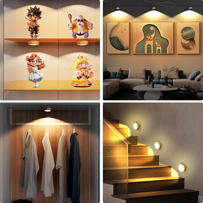 Narotood 6 Pack Picture Lights for Wall, Rechargeable Battery Operated Wall Lights, Picture Frame Lights with 3 Lighting Modes, Wireless Magnetic Painting Light with Remote Control Timer, (Golden)