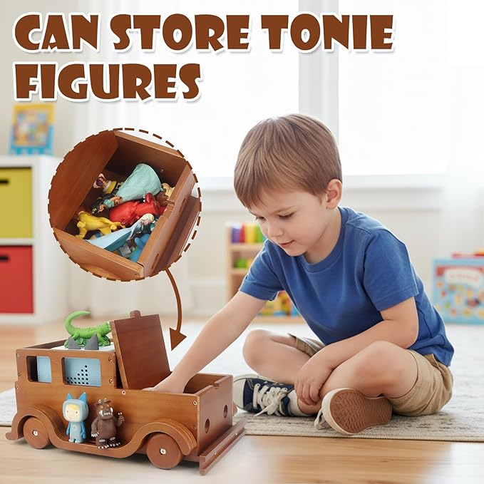 Taladad Storage & Play Car Shelf for Toniebox 2/1 Tonie Figures Characters Storage,Magnetic for Creative Tonie Box, Wooden Magnetic Shelf for Kids