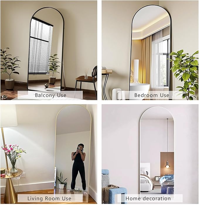 Dewfig Arched Full Length Mirror, 64"x21" Gold Mirror with Stand, Full Body Mirrors for Leaning Against or Wall Mounted, Large Floor Mirrors for Bedroom, Living Room, Black