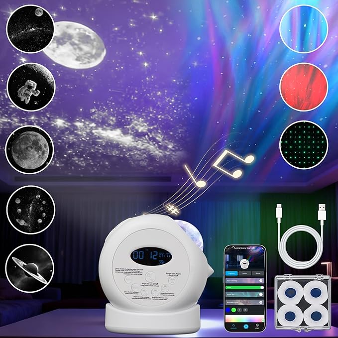 Aurora Starlight Sky Projector Night Light Features Bluetooth Music Playback & 5 Galaxy Projection Modes — Bedroom Nebula Ceiling LED Light Children Room Decor Holiday and Birthday Gift,Timer & APP