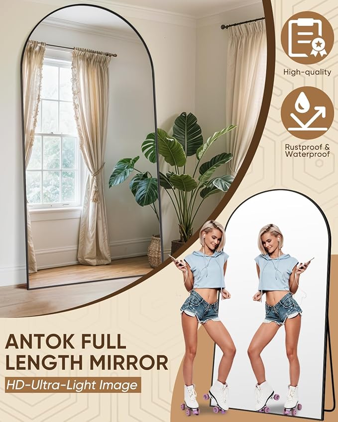 Antok Full Length Mirror, 46"x86" Floor Mirror with Stand, Hanging Mounted Mirrors for Bedroom, Living Room, Cloakroom, Dining Room, Black, Arched
