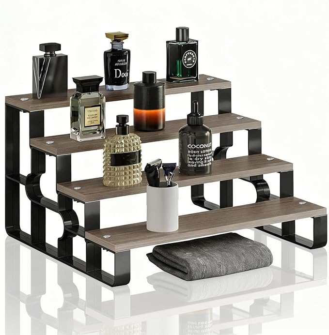 4 Tier Cologne Organizer for Men, Wooden Perfume Organizer Stand, Waterproof Display Shelf Rack for Dresser, Vanity, Figures, Cupcake, Dessert Table(Walnut,Width=11.2")